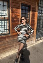 Kadın Uzun Kollu Siyah Beyaz Zebra Desen Triko Elbise - Görsel 2