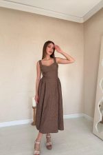 Vizon Yanları Büzgülü Göğüs Kuplu Elbise - Görsel 3