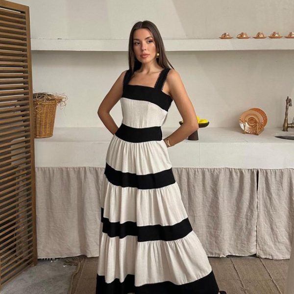 Bej Arkası Fiyonklu Keten Elbise