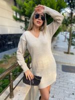 Kadın Uzun Kollu V Yakalı Mini Triko Elbise - Görsel 2