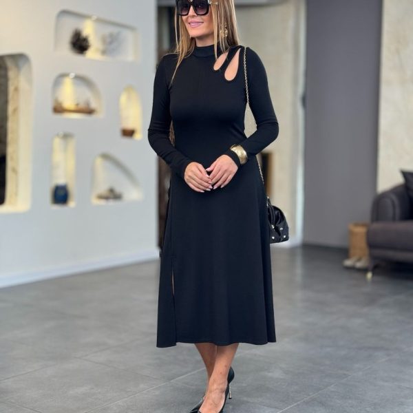 Kadın Uzun Kollu Balıkçı Yaka Omuzda Damla Detaylı Yırtmaçlı Krep Midi Elbise