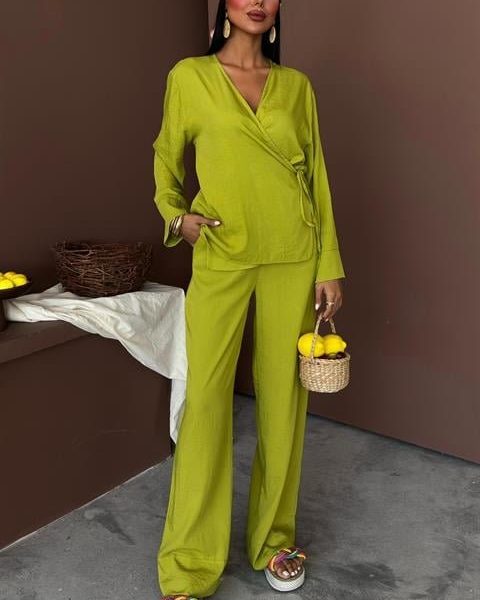 Kruvaze Model Klasik Pantolonlu Çupra Keten Takım 10191