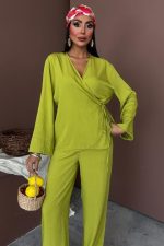 Kruvaze Model Klasik Pantolonlu Çupra Keten Takım 10191 - Görsel 4