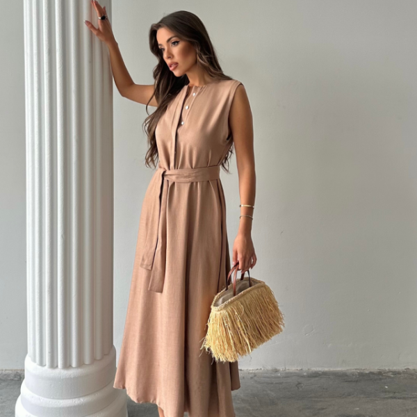 KETEN ELBİSE KOLSUZ BEL BAĞLAMALI MAXİ ELBİSE