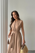 KETEN ELBİSE KOLSUZ BEL BAĞLAMALI MAXİ ELBİSE - Görsel 2