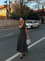 Kadın Kısa Kollu Bisiklet Yaka Puantiyeli Maksi örme Krep Elbise - Görsel 3