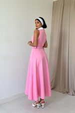 Pembe Geniş Yakalı Halter Kollu Elbise - Görsel 4