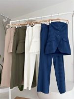 Straplez Büstiyerli Plazzo Pantolonlu Çizgili Takım 10151 - Görsel 8