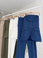 Straplez Büstiyerli Plazzo Pantolonlu Çizgili Takım 10151 - Görsel 9
