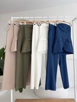 Straplez Büstiyerli Plazzo Pantolonlu Çizgili Takım 10151 - Görsel 10