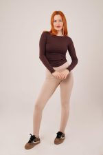 Yaka Detay Uzun Kollu Basic Kahverengi Bluz - Görsel 4