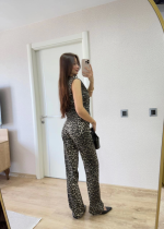 Leopar Desenli Düğmeli Bluzlu Pantolon İkili Takım -Leopar - Görsel 4