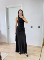 Kolsuz Büzgülü Uzun Elbise - Görsel 2