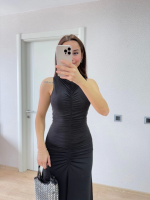 Kolsuz Büzgülü Uzun Elbise - Görsel 4