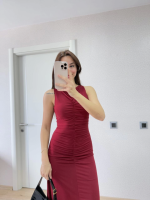 Kolsuz Büzgülü Uzun Elbise