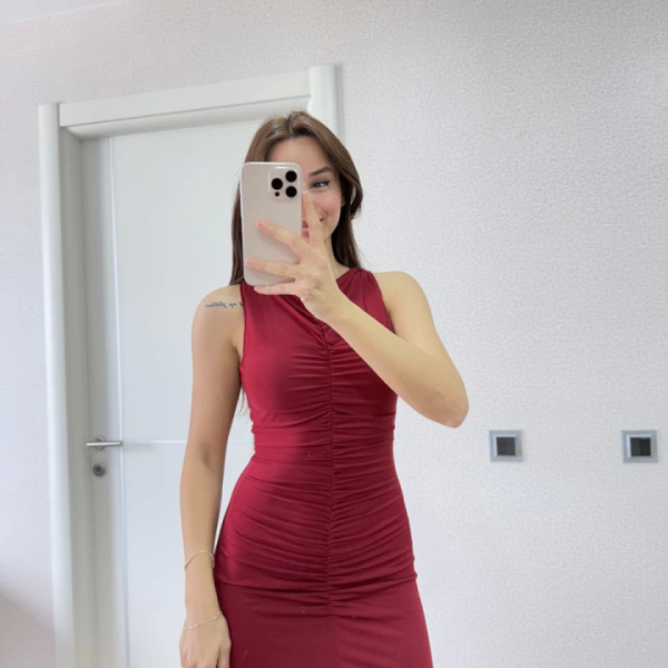 Kolsuz Büzgülü Uzun Elbise