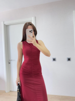 Kolsuz Büzgülü Uzun Elbise - Görsel 2