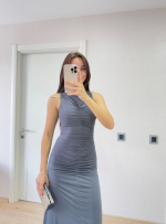 Kolsuz Büzgülü Uzun Elbise