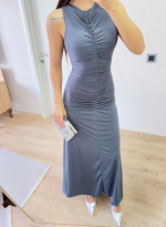 Kolsuz Büzgülü Uzun Elbise - Görsel 2