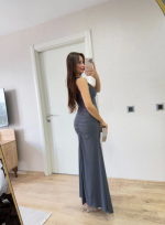 Kolsuz Büzgülü Uzun Elbise - Görsel 4