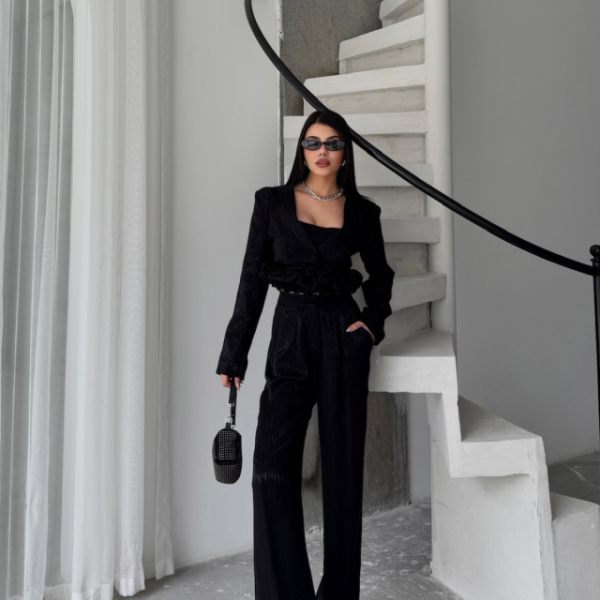 JAKARLI BLUZU TASARIM DETAYLI CEKET-PANTOLON-BLUZ 3 LÜ TAKIM