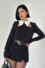 Siyah Önü Kravat Detaylı Bluz
