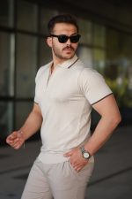 Erkek Fermuar Yakalı çizgi Dokulu Kısa Kollu Tişört - Görsel 2