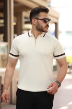 Erkek Yaka Ve Kolları çizgi Detaylı Fermuarlı Kısa Kollu T-shirt