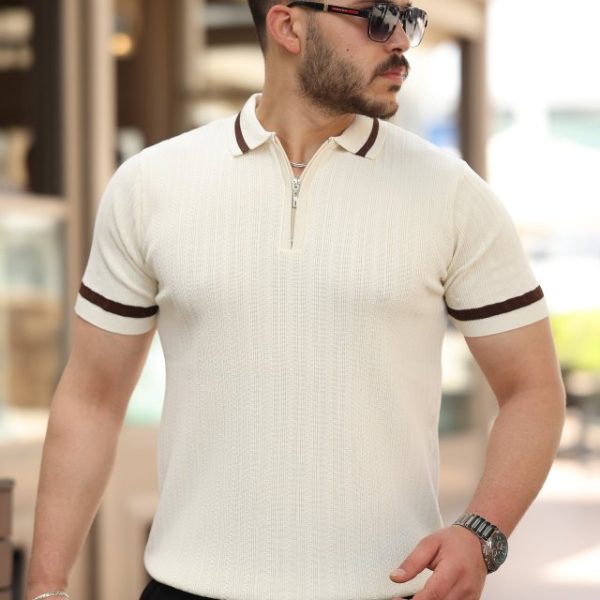 Erkek Yaka Ve Kolları çizgi Detaylı Fermuarlı Kısa Kollu T-shirt
