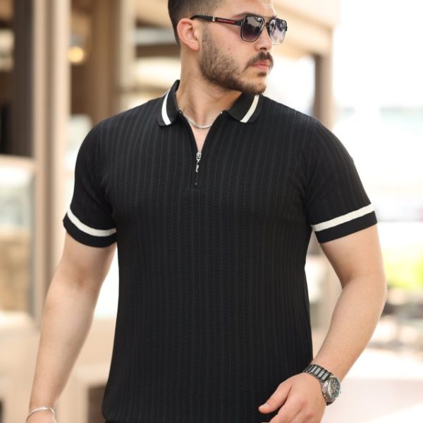Erkek Yaka Ve Kolları çizgi Detaylı Fermuarlı Kısa Kollu T-shirt