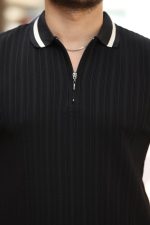 Erkek Yaka Ve Kolları çizgi Detaylı Fermuarlı Kısa Kollu T-shirt - Görsel 3