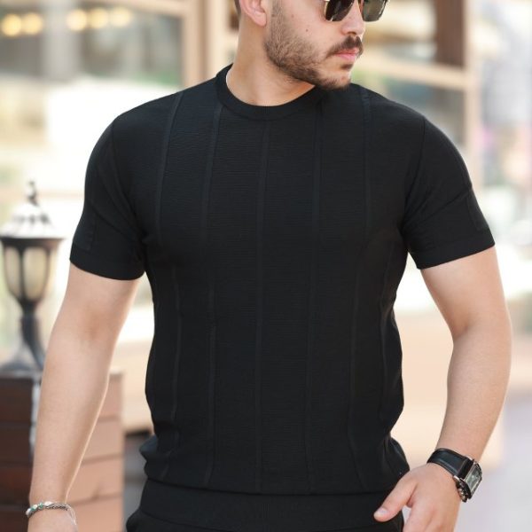 Erkek Desenli çizgi Kabartmalı Kısa Kollu Tişört