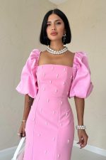 Pembe İşlemeli Kolu Garnili Elbise - Görsel 2