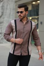 Erkek şerit Detaylı Uzun Kollu Pamuklu Keten Gömlek - Görsel 2