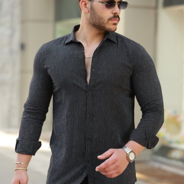 Erkek çizgi Desenli Uzun Kollu Pamuklu Keten Gömlek