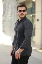 Erkek çizgi Desenli Uzun Kollu Pamuklu Keten Gömlek - Görsel 2