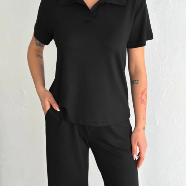 Osy Modal Yumuşak Dokulu Kumaş Kısa Kollu Yakalı T-shirt Pantalon Ikili Takım- Siyah