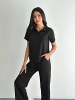 Osy Modal Yumuşak Dokulu Kumaş Kısa Kollu Yakalı T-shirt Pantalon Ikili Takım- Siyah - Görsel 2