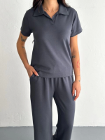 Osy Modal Yumuşak Dokulu Kumaş Kısa Kollu Yakalı T-shirt Pantalon Ikili Takım- Antrasit - Görsel 4