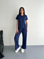 Osy Modal Yumuşak Dokulu Kumaş Kısa Kollu Yakalı T-shirt Pantalon Ikili Takım- Lacivert - Görsel 3