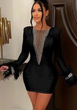 Kadın Dalgıç Kumaş Tül Ve Taş Aksesuarlı Kolları Tüylü Mini Boy Elbise - Görsel 2