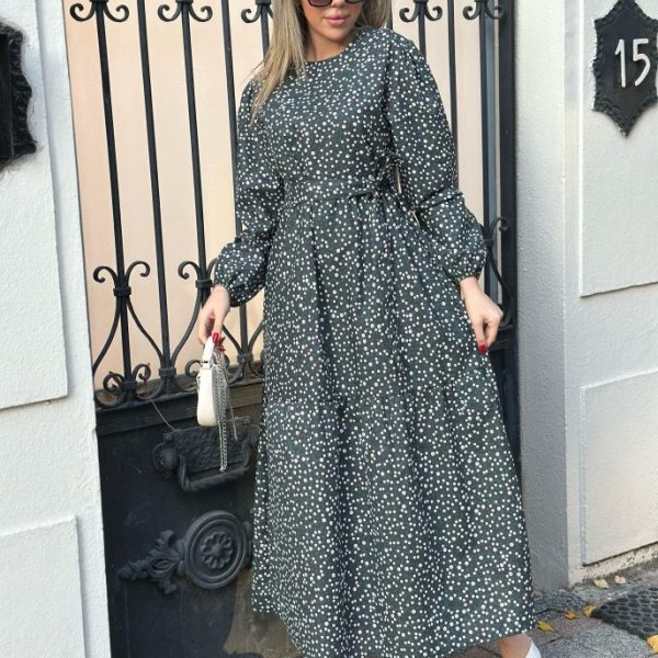 Kadın Uzun Kollu Bisiklet Yaka Papatya Desen Kuşak Dahil Maxi Boy Elbise