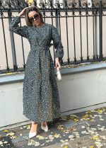 Kadın Uzun Kollu Bisiklet Yaka Papatya Desen Kuşak Dahil Maxi Boy Elbise - Görsel 3