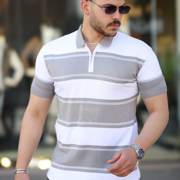 Erkek Yakalı Fermuarlı çift Renk Kısa Kollu T-shirt