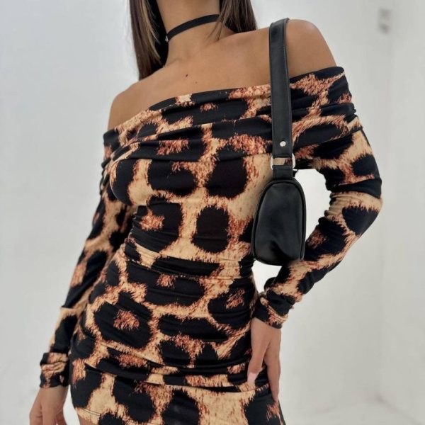 Kadın Madonna Mendil Yaka Leopar Desen Mini Elbise