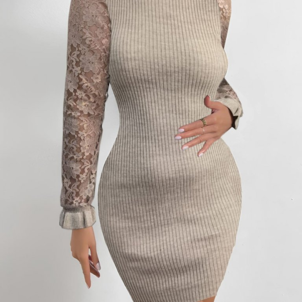 Kadın Uzun Kollu Kollar Tül Detay Triko Mini Boy Elbise