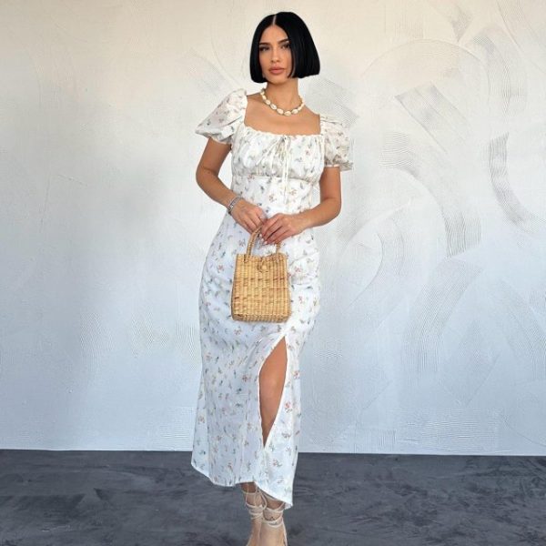 Lila Çiçekli Yazlık Elbise