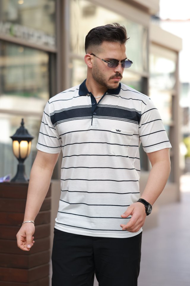 33ece192e9ee26d1d12d5cdb6bda57a8_64303-0.jpg Erkek Yakalı çizgili Kısa Kollu T-shirt - Görsel 1
