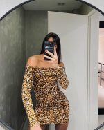 Kadın Madonna Mendil Yaka Leopar Desen Mini Elbise - Görsel 4