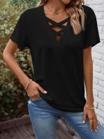 Kadın Kısa Kollu önden çapraz Detay V Yakalı Viskon Bluz - Görsel 6